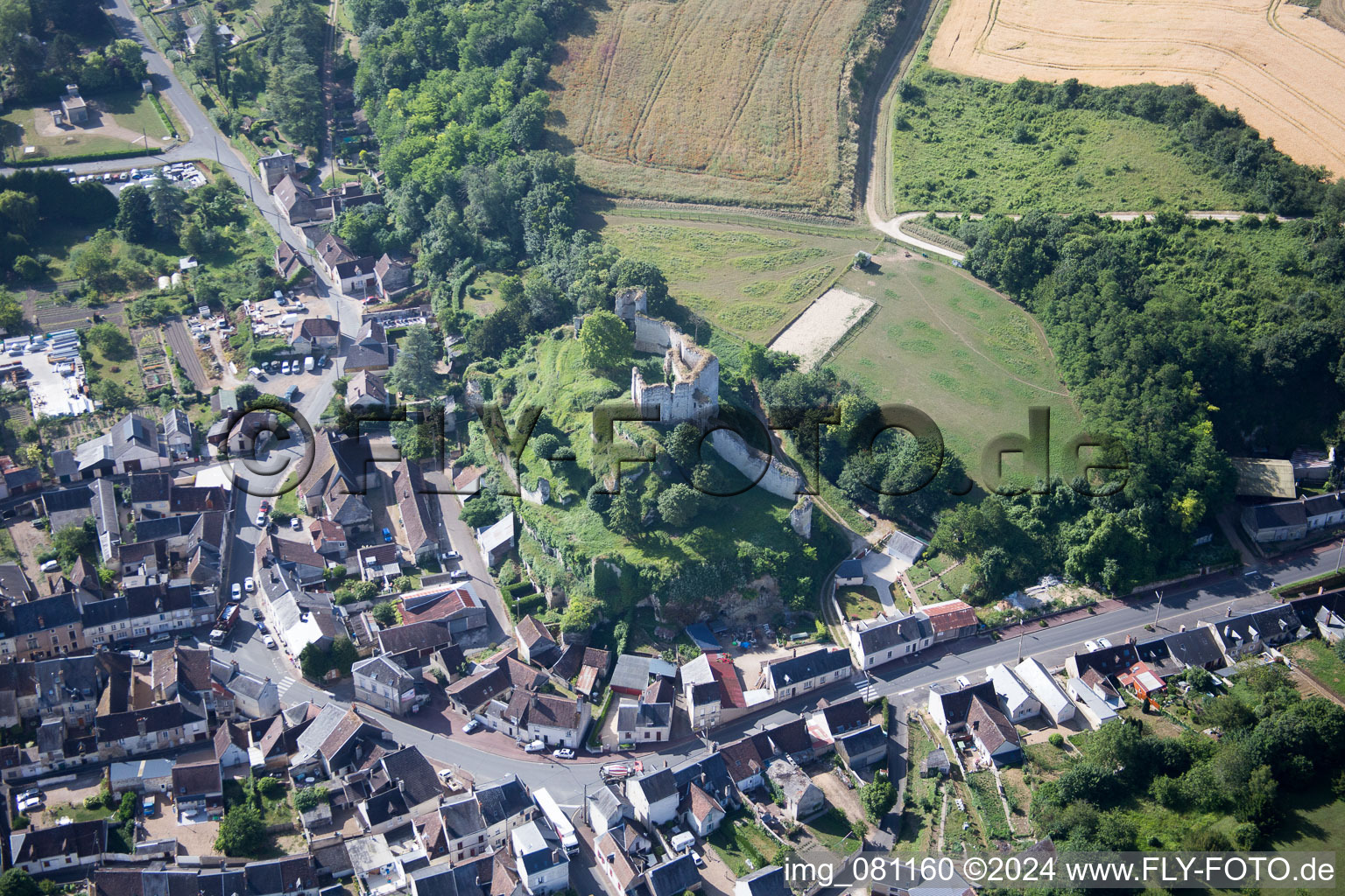 Montoire-sur-le-Loir in the state Loir et Cher, France seen from a drone