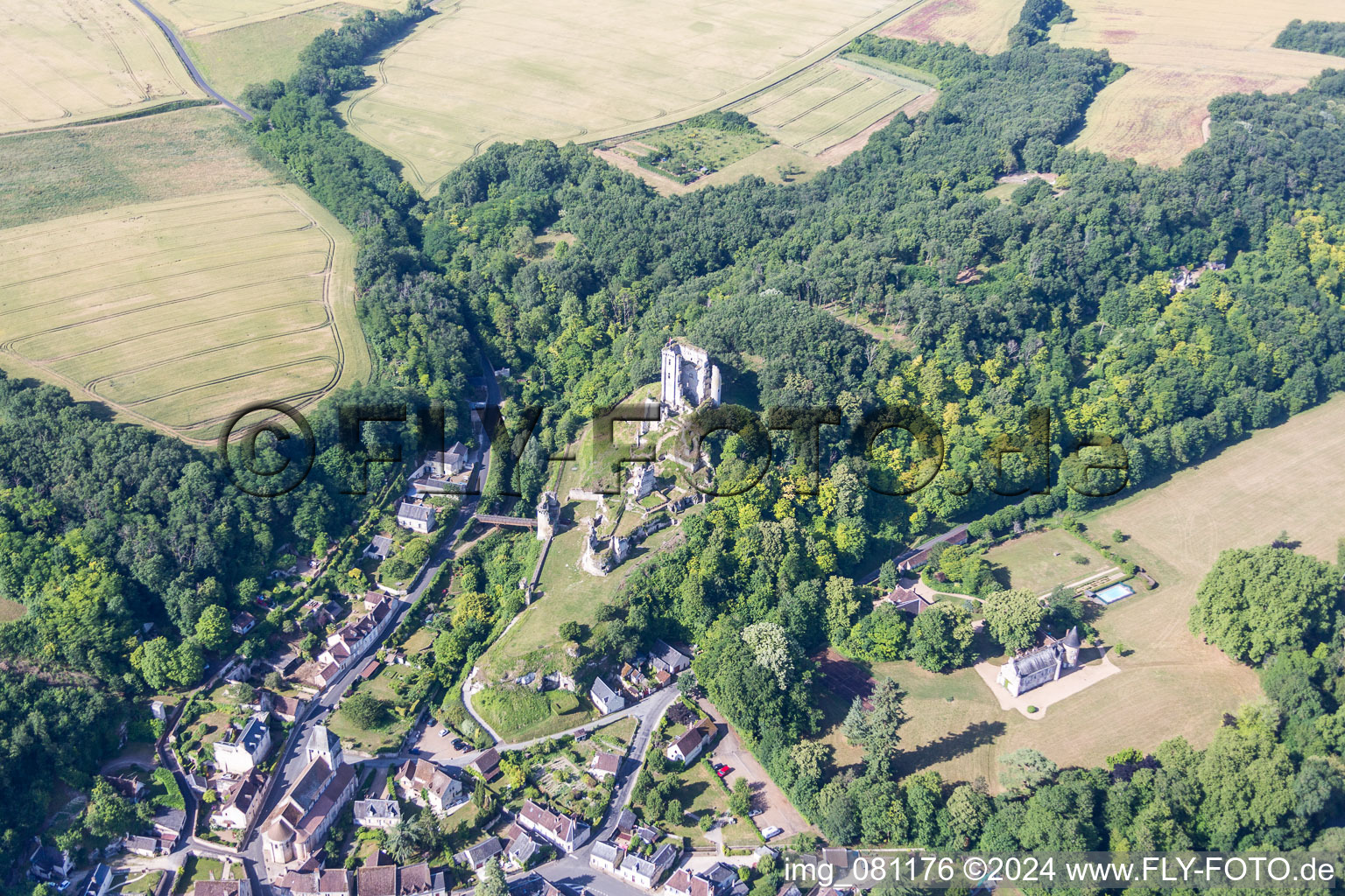 Aerial view of Castle of Schloss Chateau de Lavardin in Lavardin in Centre-Val de Loire, France