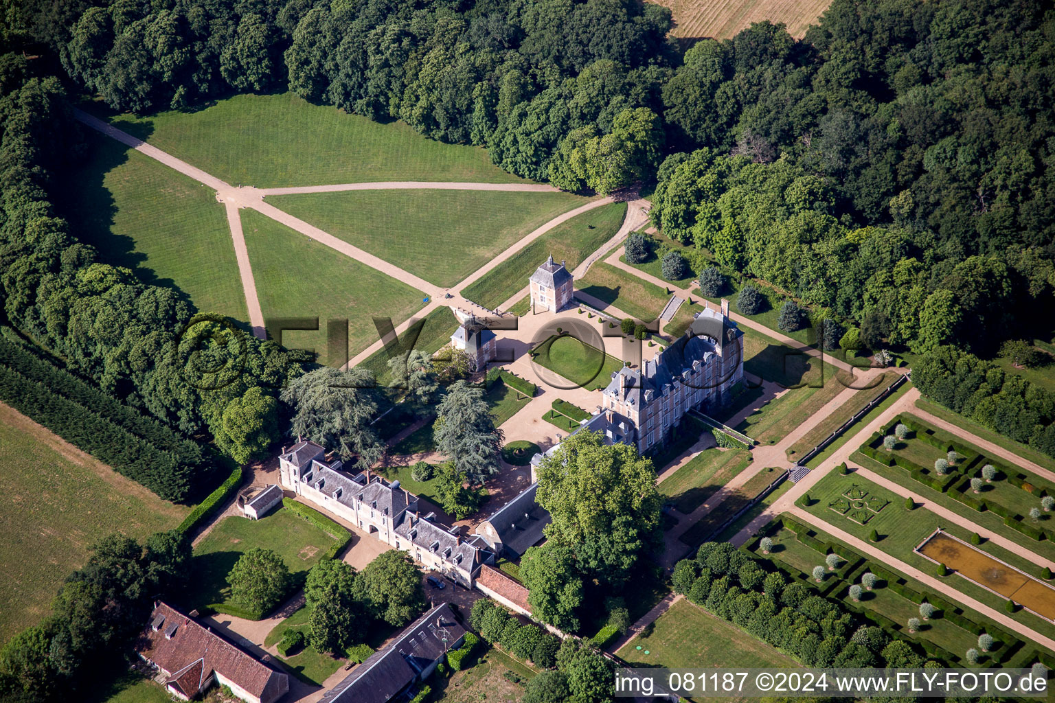 Aerial photograpy of Building complex in the park of the castle La Basse Cour in Huisseau-en-Beauce in Centre-Val de Loire, France