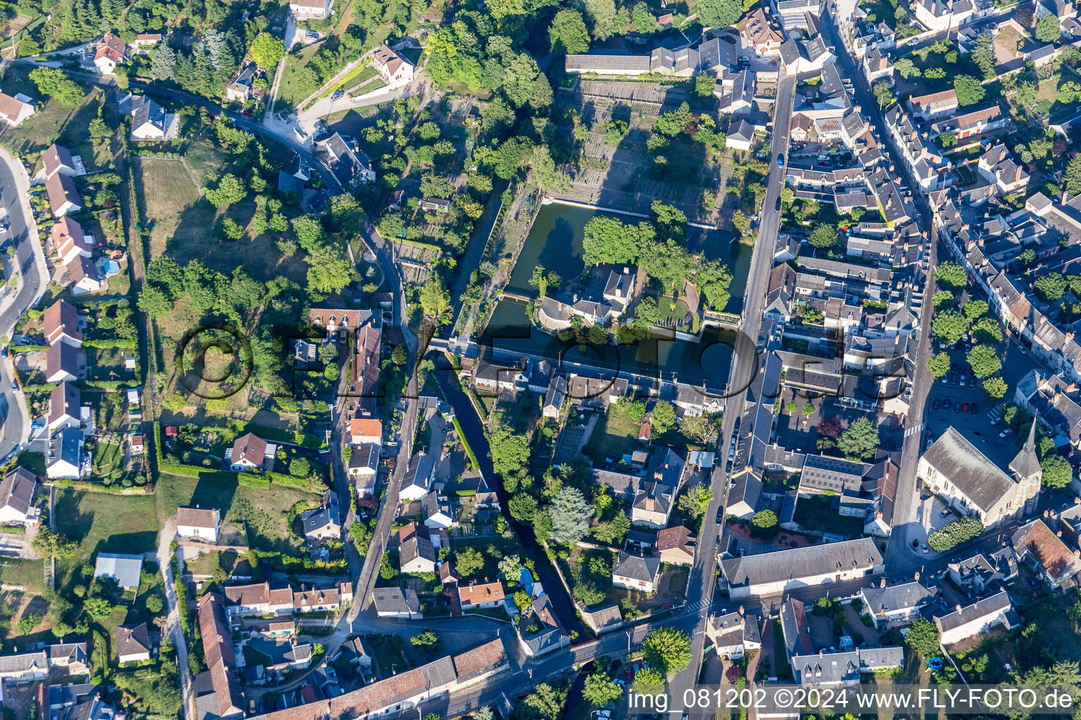 Building and castle park systems of water castle Hotel Les Douves in Onzain in Centre-Val de Loire, France