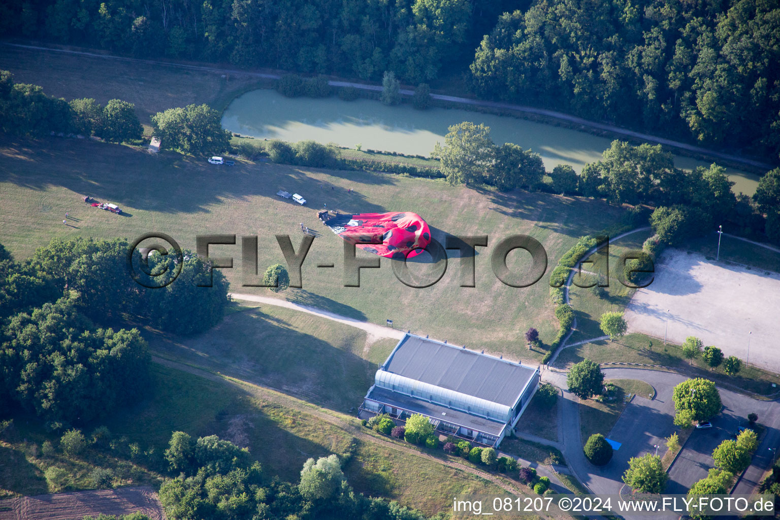 Aerial view of Balloon launch preparation in Onzain in the state Loir et Cher, France