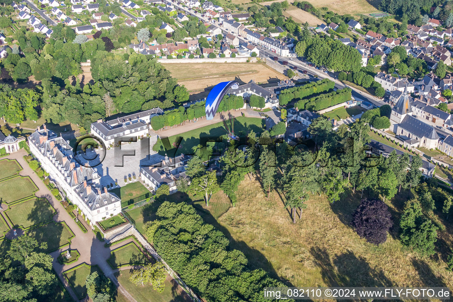 Aerial view of Building complex in the park of the castle Chateau de Menars on the Loire river in Menars in Centre-Val de Loire, France