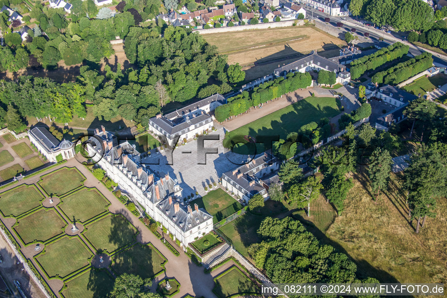 Aerial view of Building complex in the park of the castle Pompadour Palace foundation in Menars in Centre-Val de Loire, France