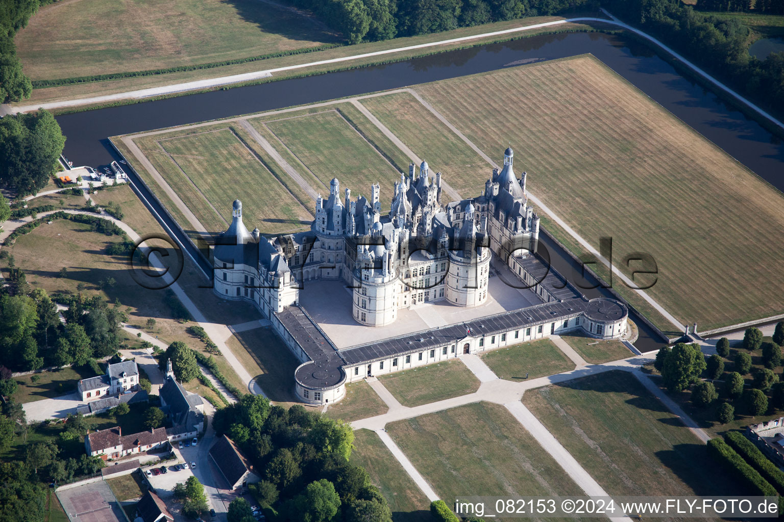 Aerial view of Building complex in the park of the castle Chateau de Chambord in Chambord in Centre-Val de Loire, France