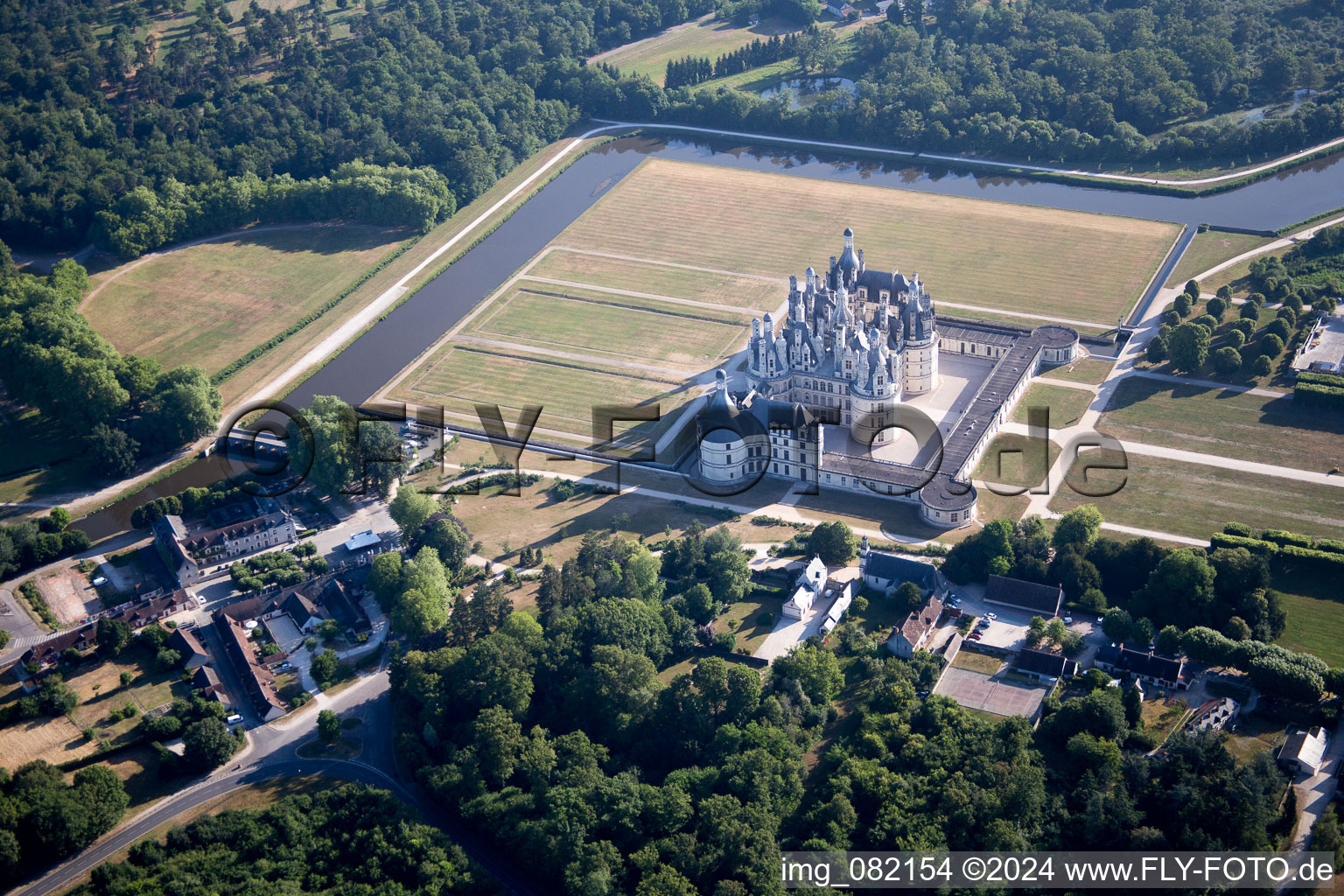 Aerial photograpy of Building complex in the park of the castle Chateau de Chambord in Chambord in Centre-Val de Loire, France