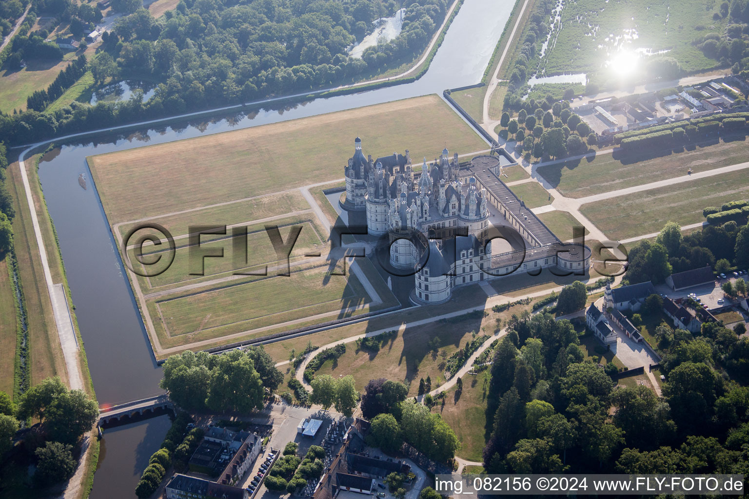 Oblique view of Building complex in the park of the castle Chateau de Chambord in Chambord in Centre-Val de Loire, France