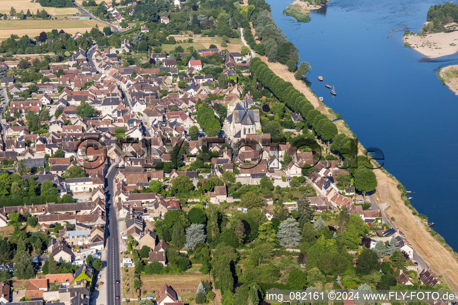 Aerial view of Village on the river bank areas of the Loire in Saint-Dye-sur-Loire in Centre-Val de Loire, France