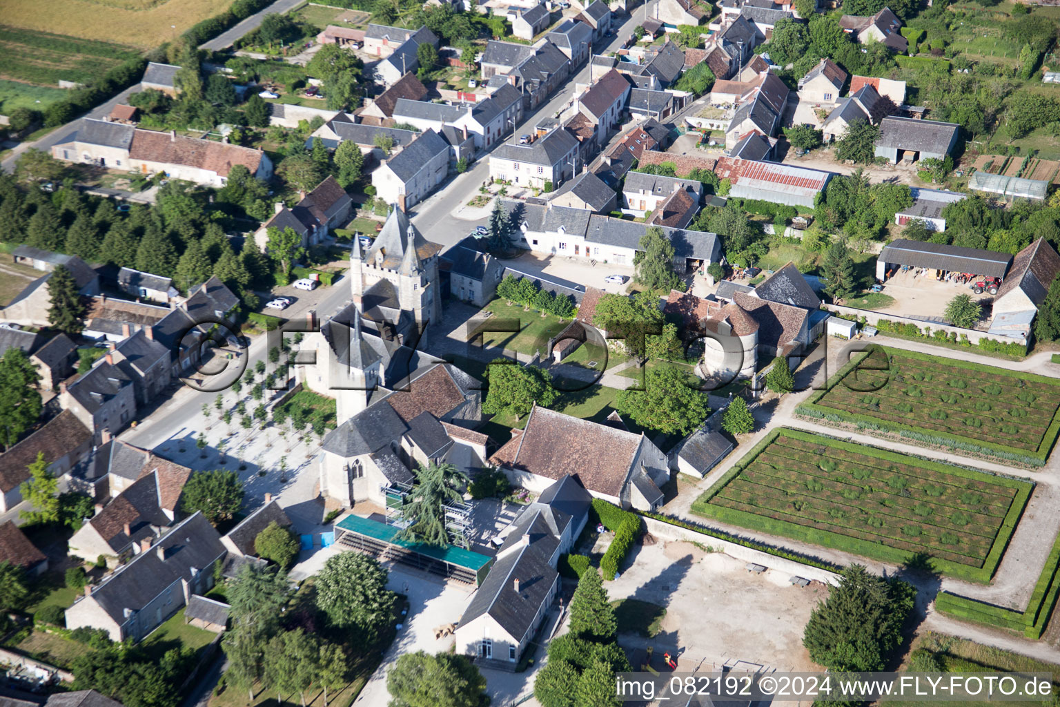 Aerial view of Building complex in the park of the castle Chateau Talcy in Talcy in Centre-Val de Loire, France