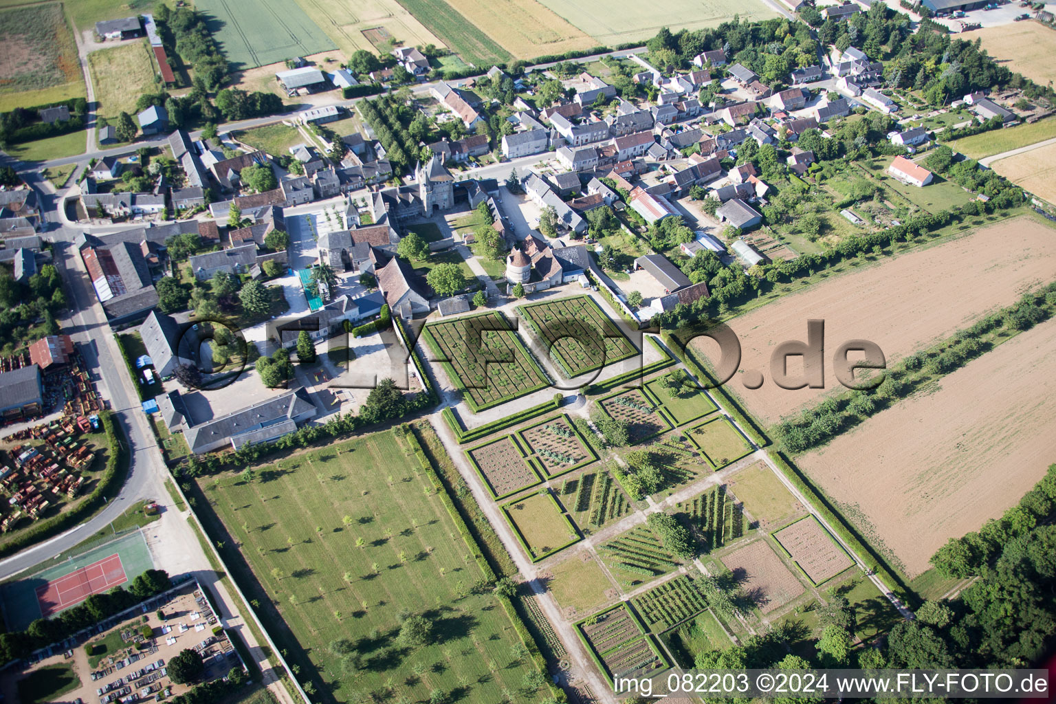 Aerial photograpy of Building complex in the park of the castle Chateau Talcy in Talcy in Centre-Val de Loire, France