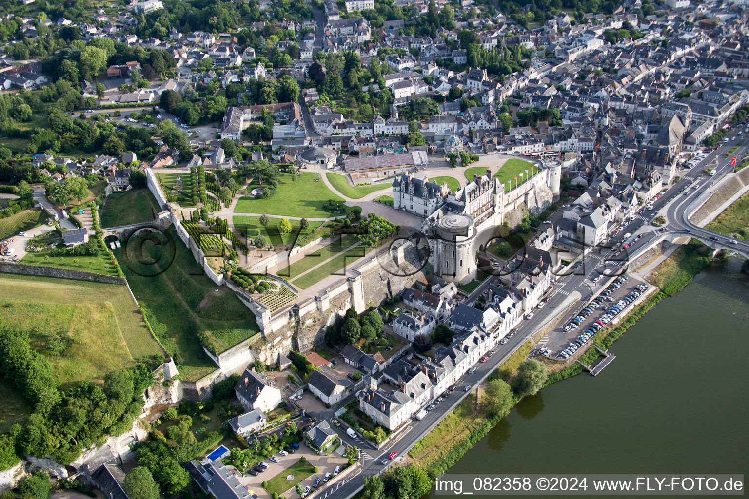 Aerial view of Castle of Schloss Chateau Royal d'Amboise in Amboise in Centre-Val de Loire, France