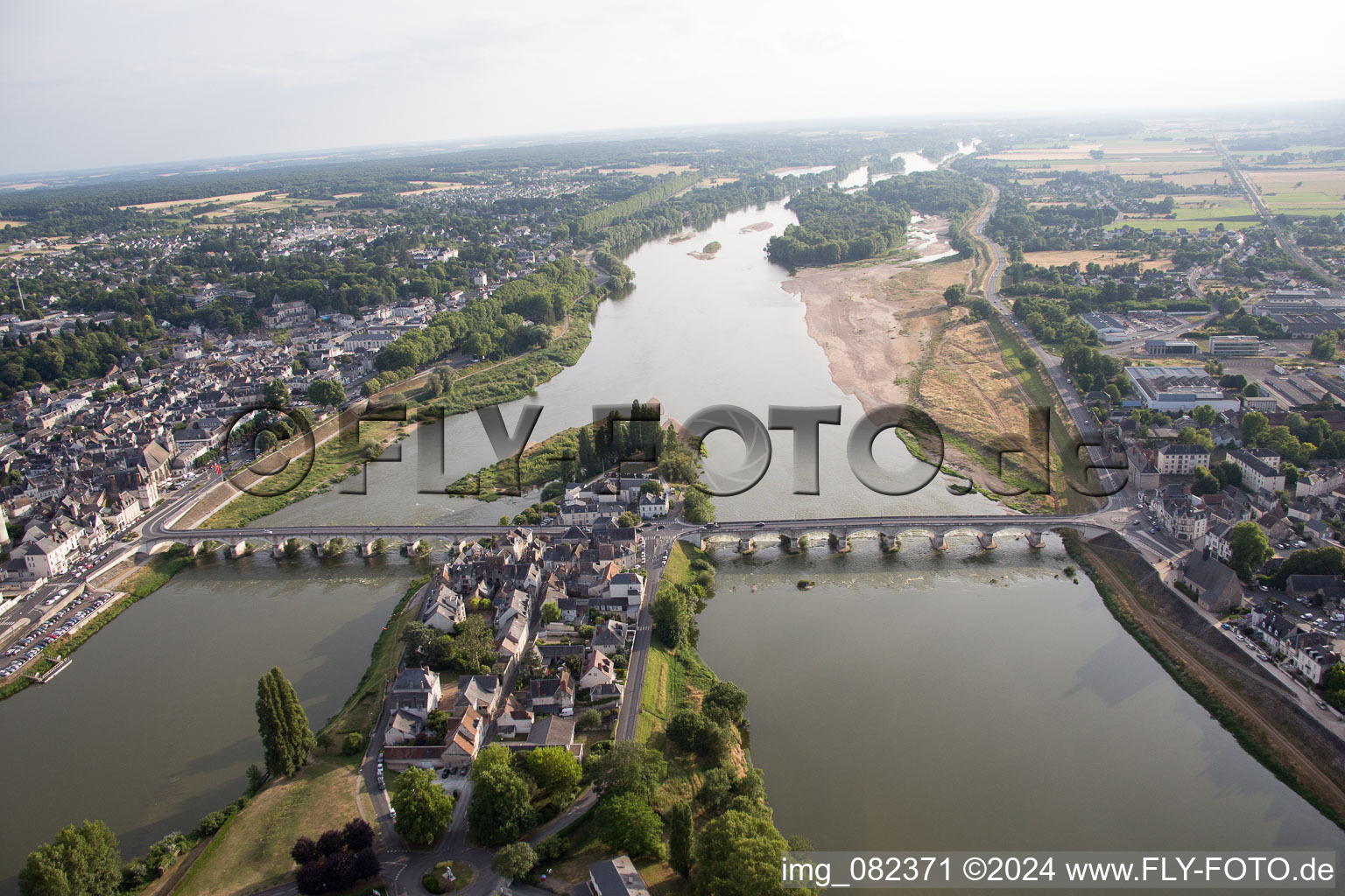 Aerial view of Island on the banks of the river course of Loire in Amboise in Centre-Val de Loire, France