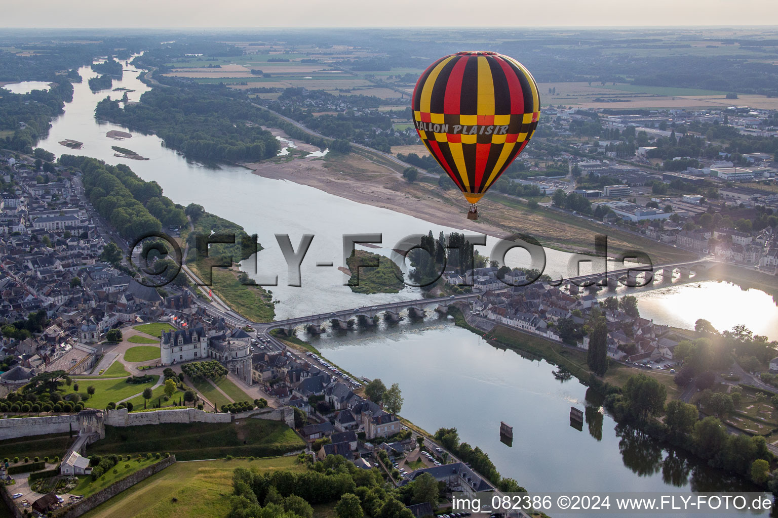 Aerial photograpy of Island on the banks of the river course of Loire in Amboise in Centre-Val de Loire, France