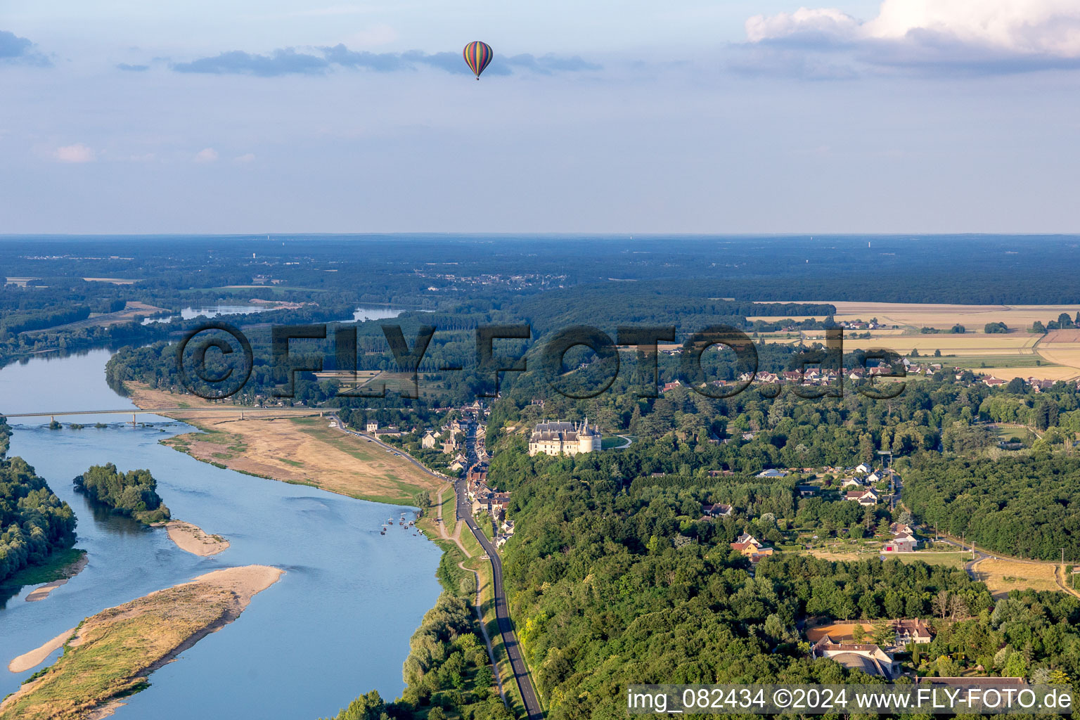 Hot-Air balloon overt the Loire river and the Castle of Chaumont in Chaumont-sur-Loire in Centre-Val de Loire, France