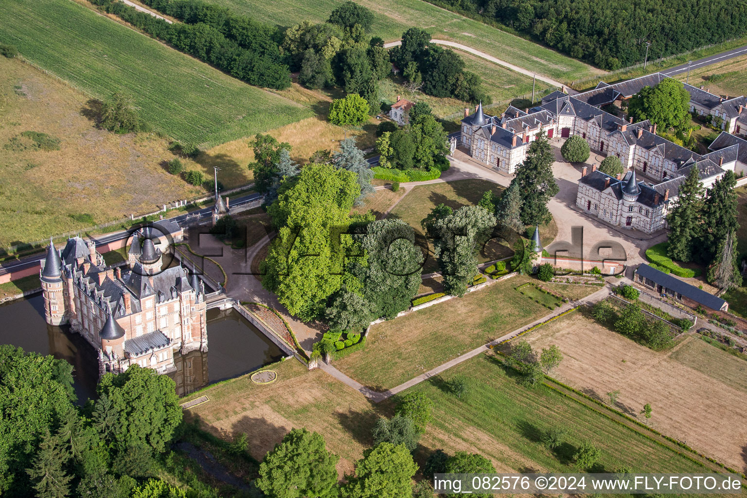 Building and castle park systems of water castle Chateau de Combreux in Combreux in Centre-Val de Loire, France