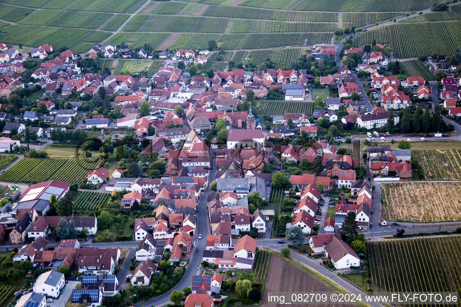 Aerial view of Village - view on the edge of wine yards in Hainfeld in the state Rhineland-Palatinate, Germany