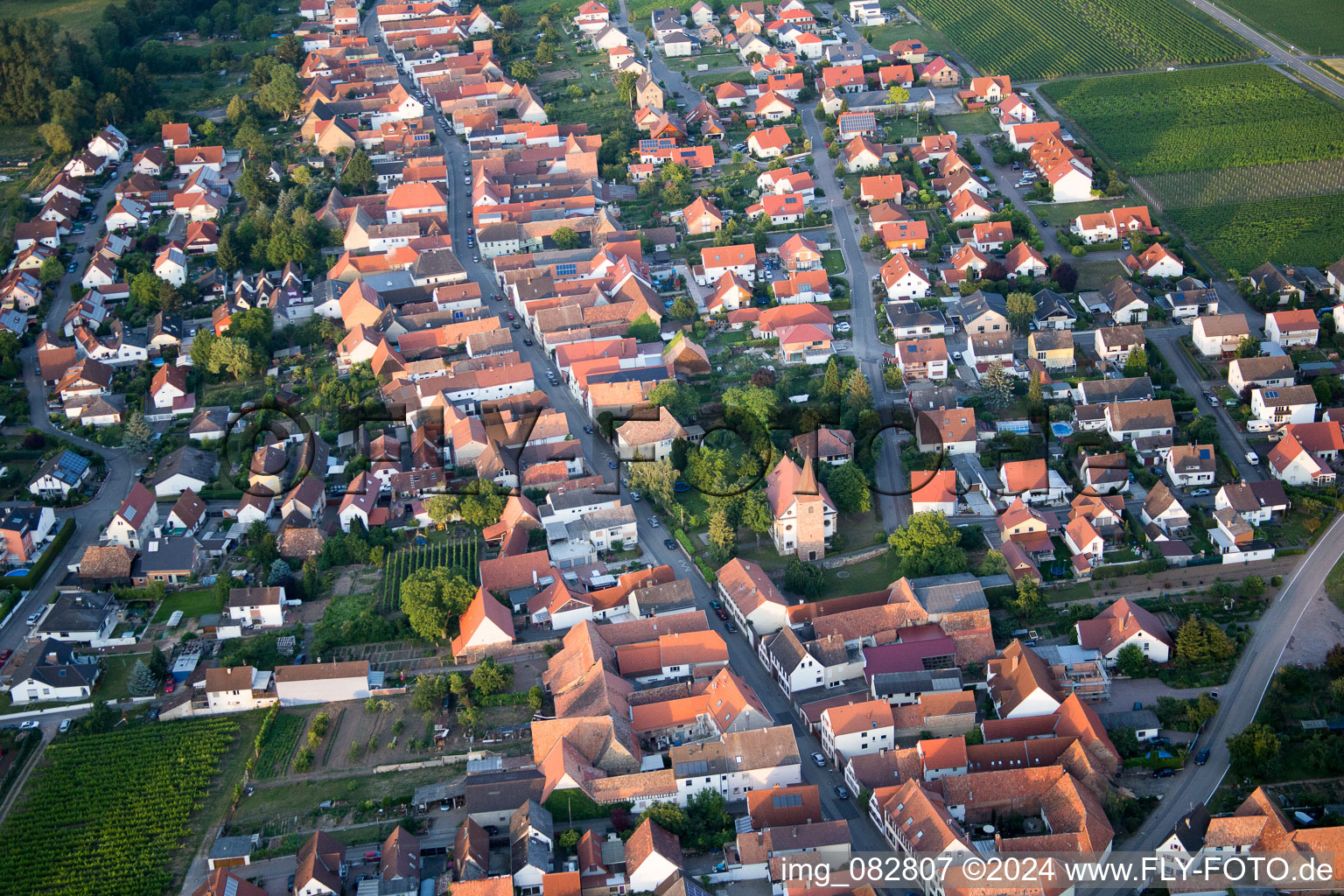 Village - view on the edge of agricultural fields and farmland in Freimersheim (Pfalz) in the state Rhineland-Palatinate, Germany