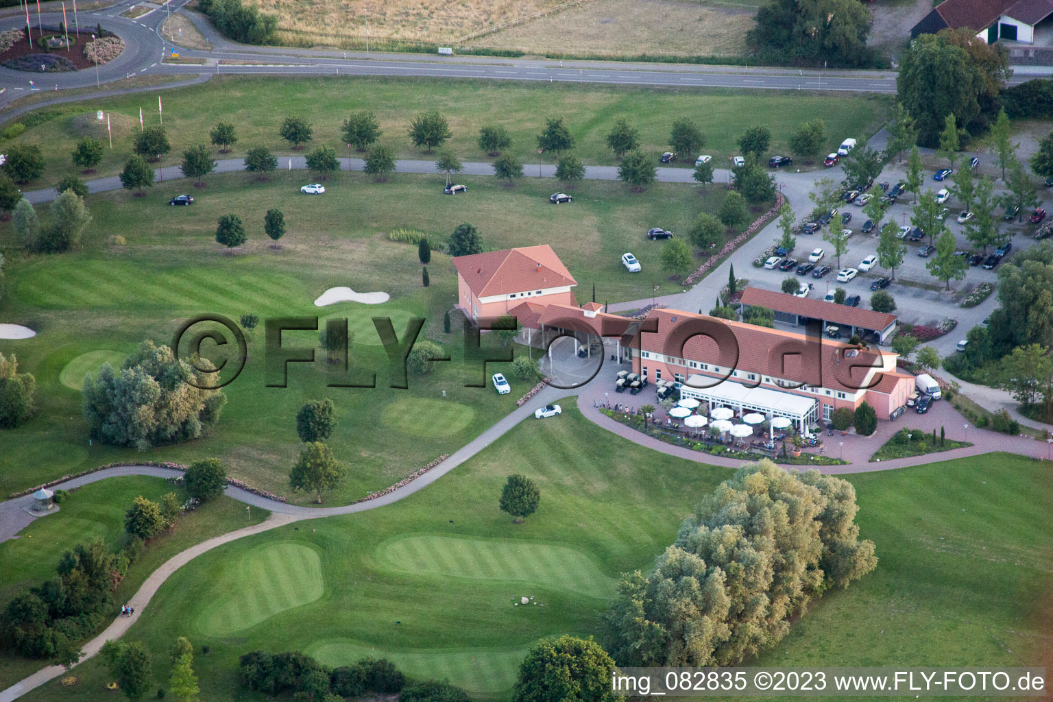 Dreihof Golf Club in Essingen in the state Rhineland-Palatinate, Germany seen from above