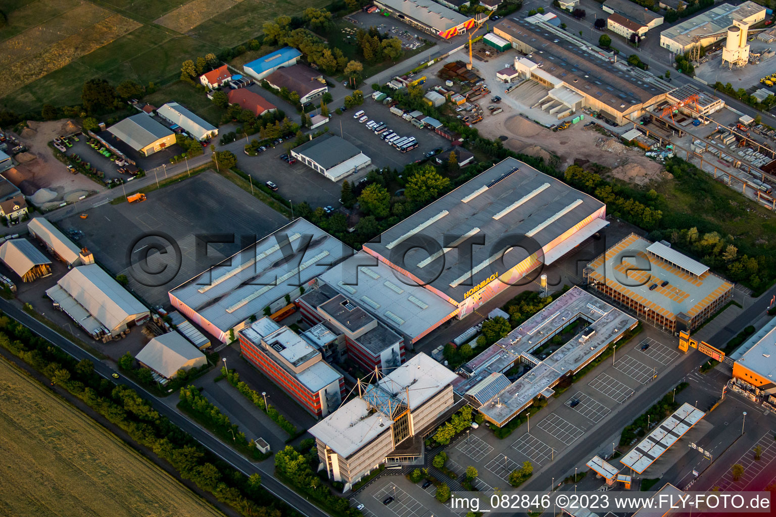 Aerial view of Hornbach DIY store headquarters in the district Dreihof in Bornheim in the state Rhineland-Palatinate, Germany