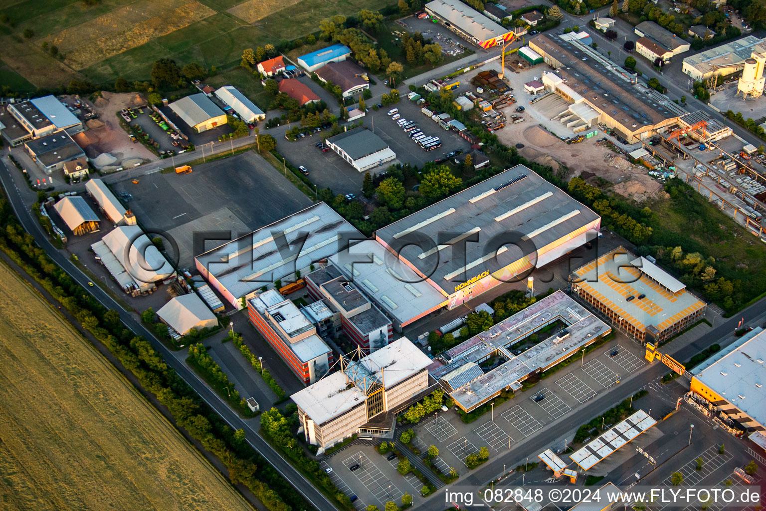 Oblique view of Hornbach DIY store headquarters in the district Dreihof in Bornheim in the state Rhineland-Palatinate, Germany