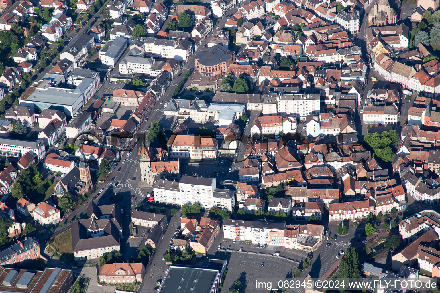 Aerial view of Museum building ensemble Musee Place Dr Albert Schweitzer in Haguenau in Grand Est, France