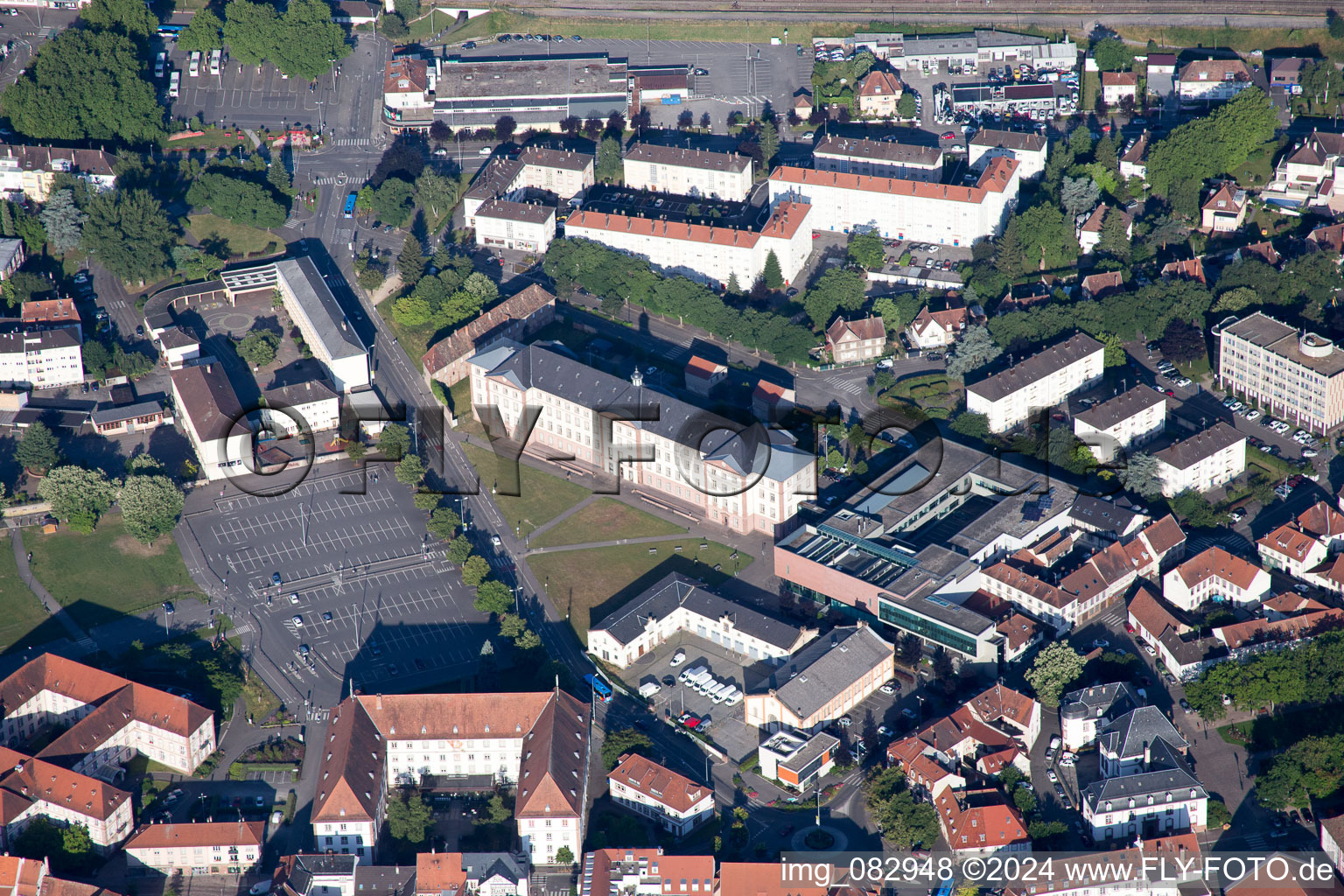 Aerial view of Museum building ensemble Media from Old Island / MediathA?que de la Vieille-Ile in Haguenau in Grand Est, France