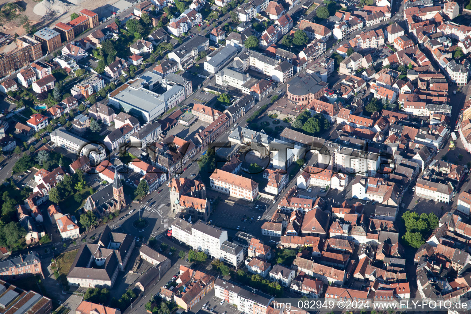 Aerial photograpy of Museum building ensemble Musee Place Dr Albert Schweitzer in Haguenau in Grand Est, France