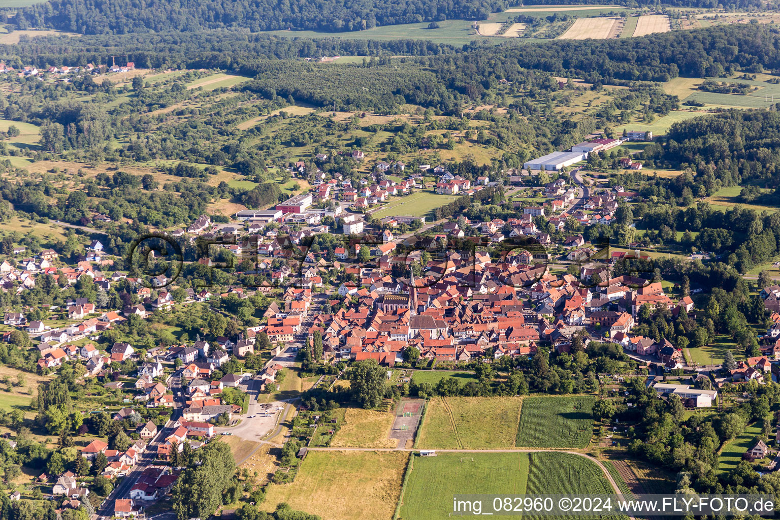 Aerial view of Town View of the streets and houses of the residential areas in WA?rth in Grand Est, France