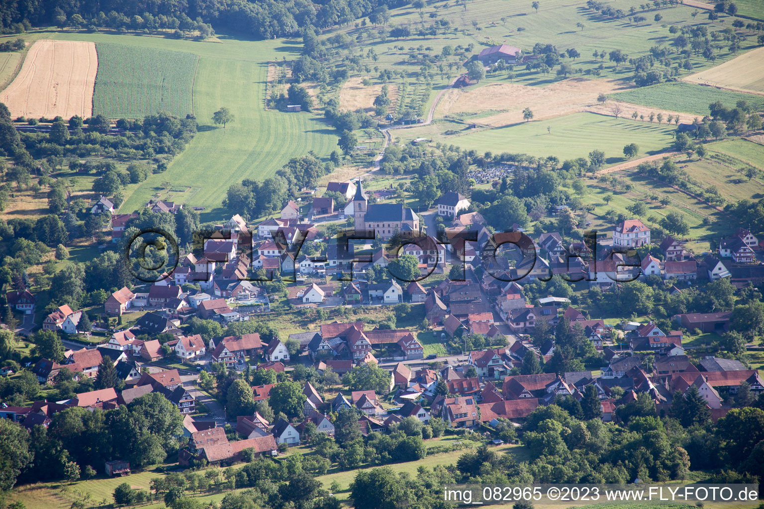 Aerial view of Preuschdorf in the state Bas-Rhin, France