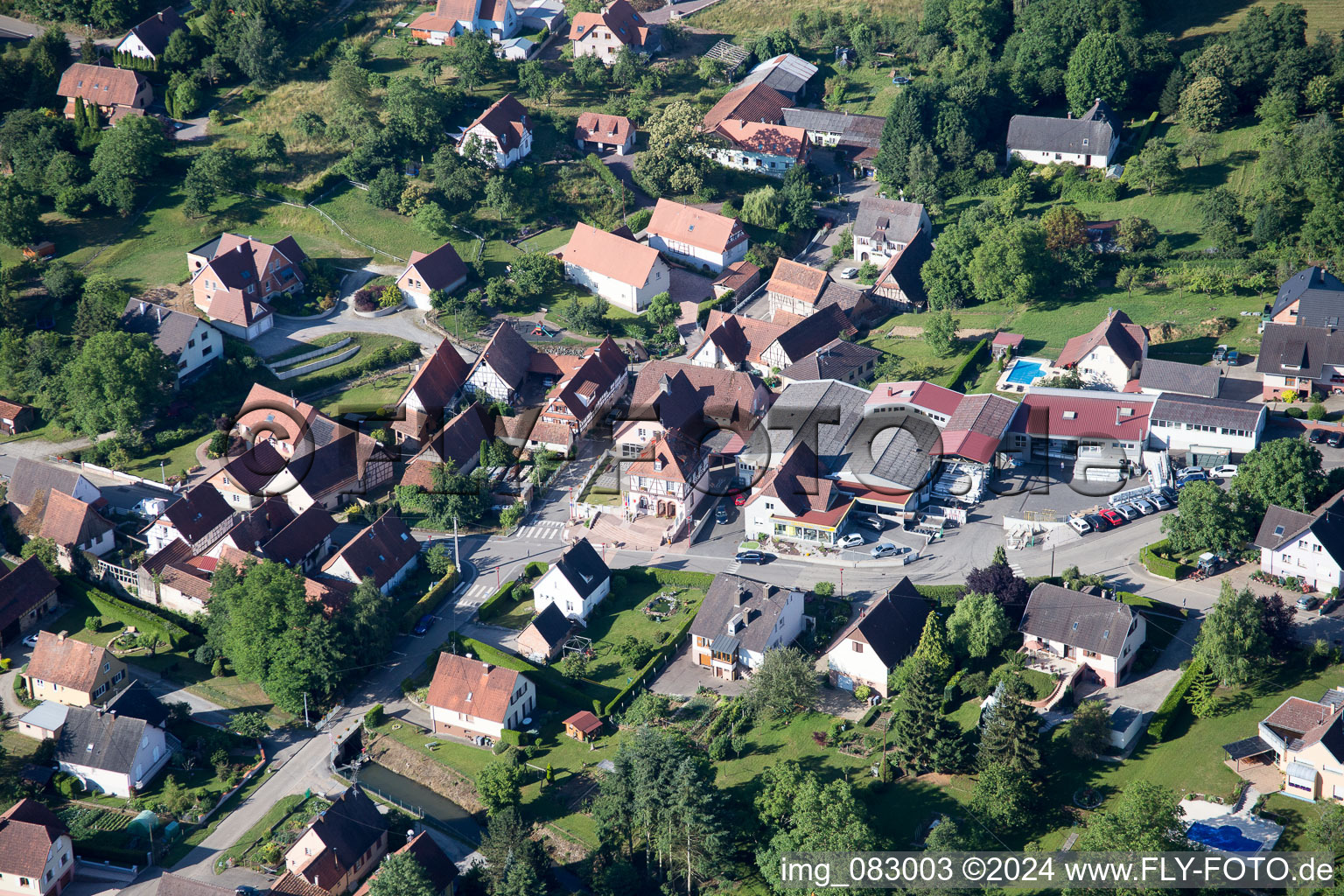 Aerial view of Oberhoffen-lès-Wissembourg in the state Bas-Rhin, France