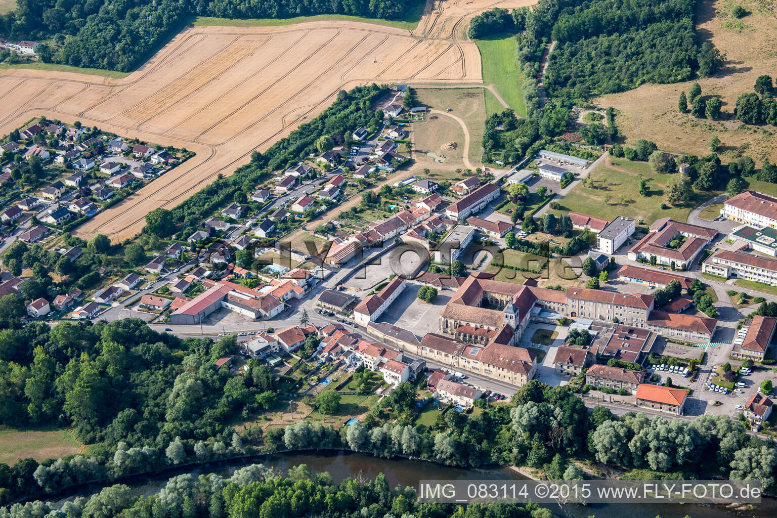 Aerial view of Benedictine monastery/Prieuré bénédictin à Flavigny-sur-Moselle in Flavigny-sur-Moselle in the state Meurthe et Moselle, France