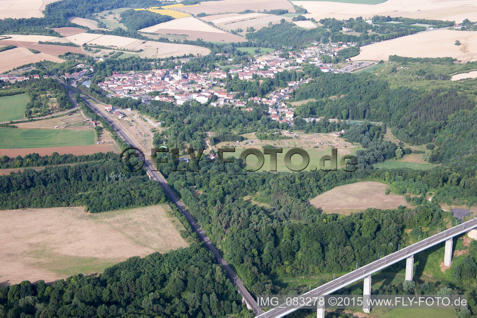 Aerial view of Railway bridge building to route the train tracks of TGV route in Thiaucourt-Regnieville in Grand Est, France