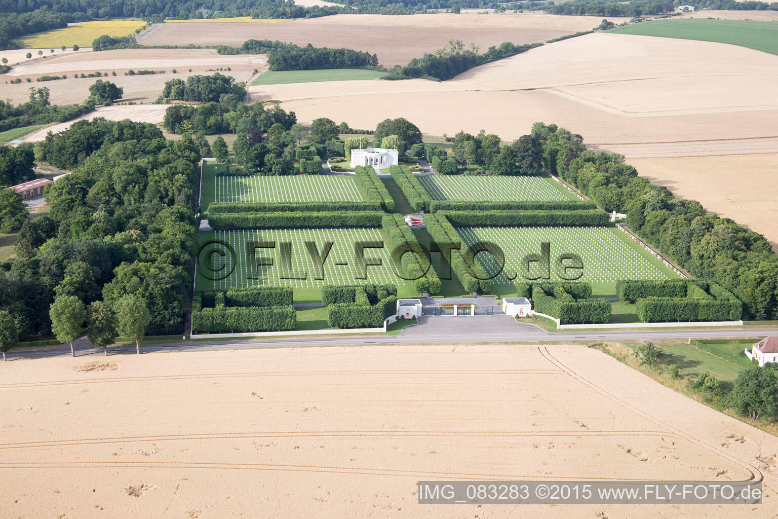 Aerial view of Grave rows on the grounds of the American Cemetery Saint Mihiel in Thiaucourt-Regnieville in Grand Est, France