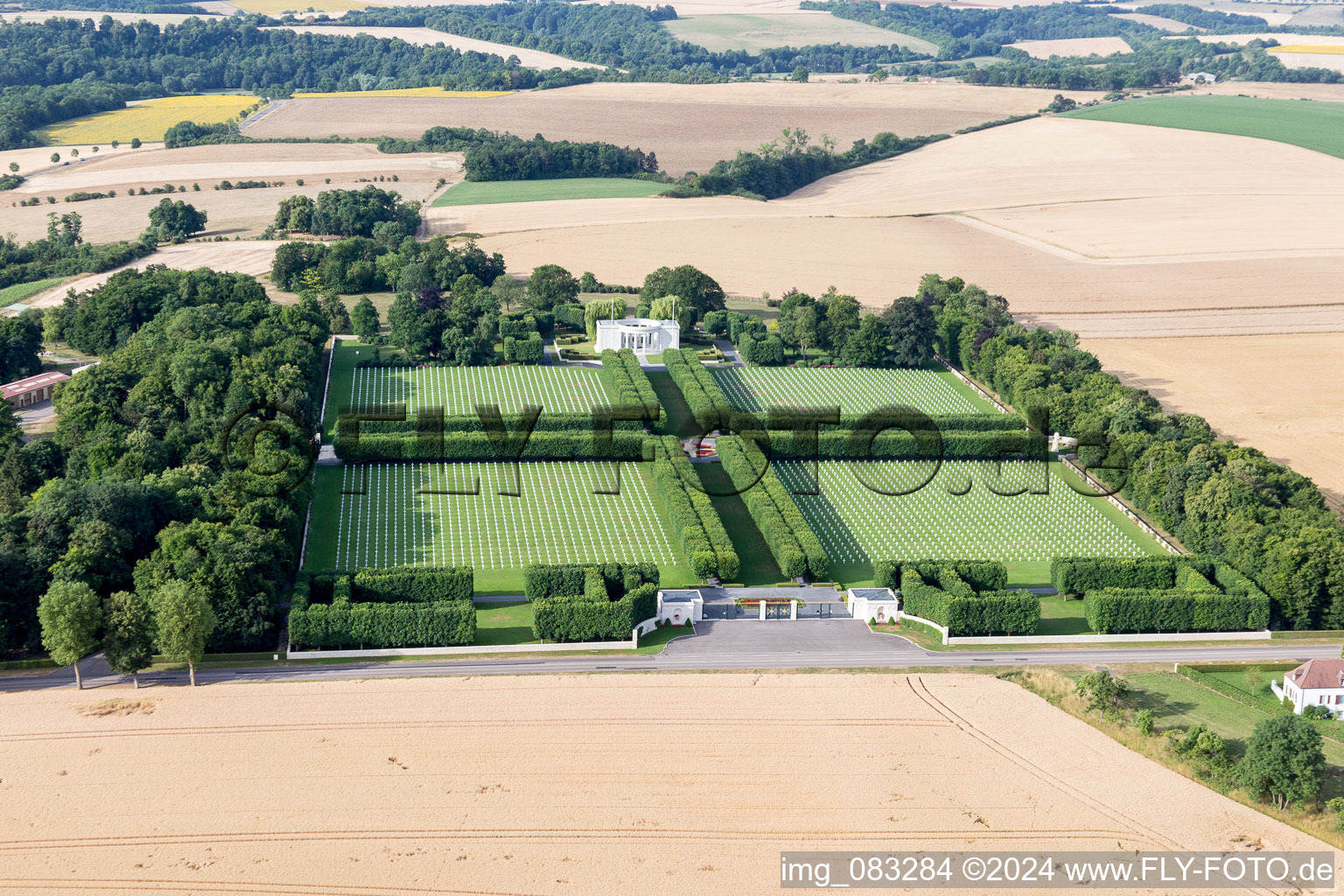 Aerial photograpy of Grave rows on the grounds of the American Cemetery Saint Mihiel in Thiaucourt-Regnieville in Grand Est, France