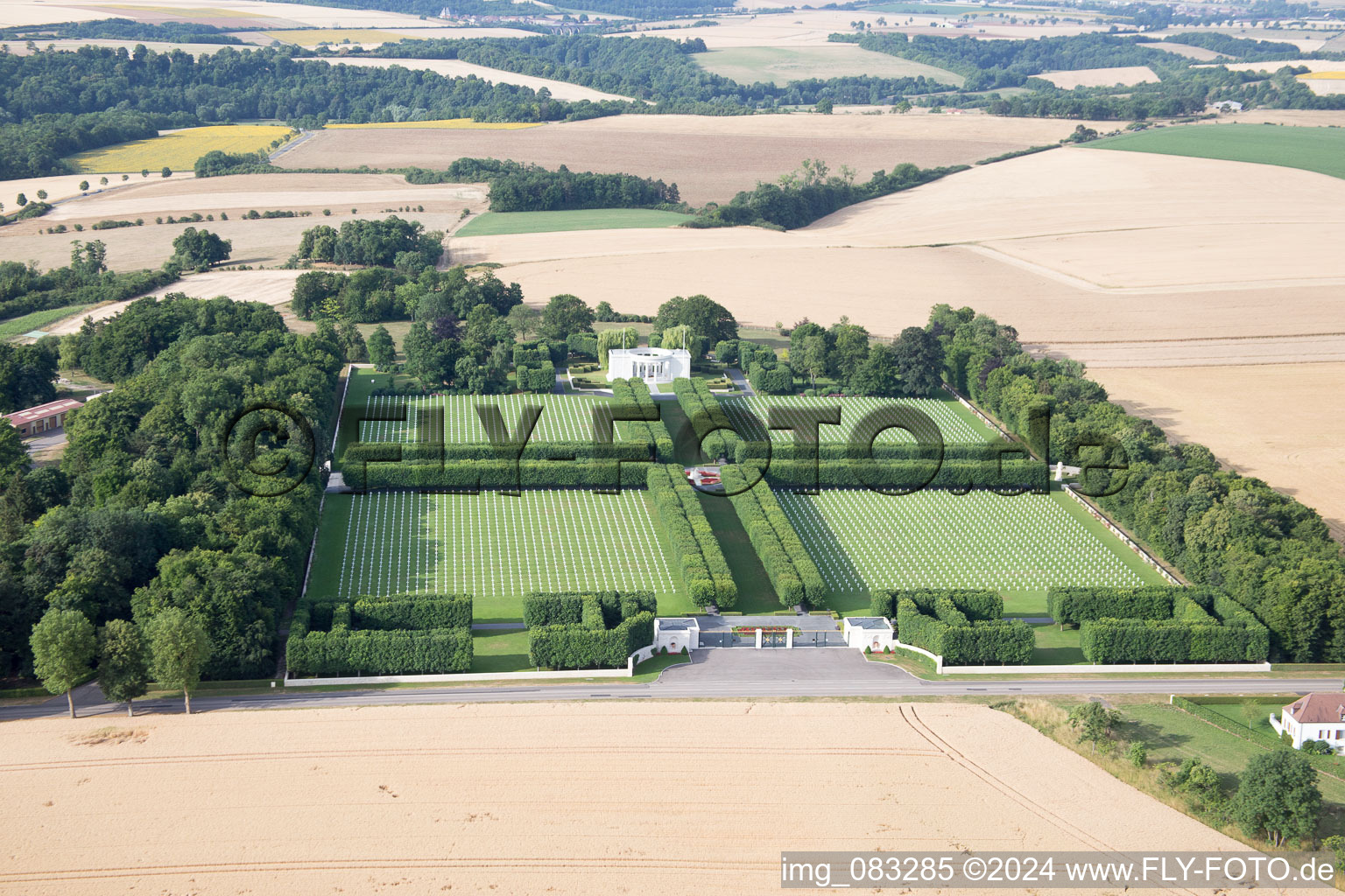 Oblique view of Grave rows on the grounds of the American Cemetery Saint Mihiel in Thiaucourt-Regnieville in Grand Est, France