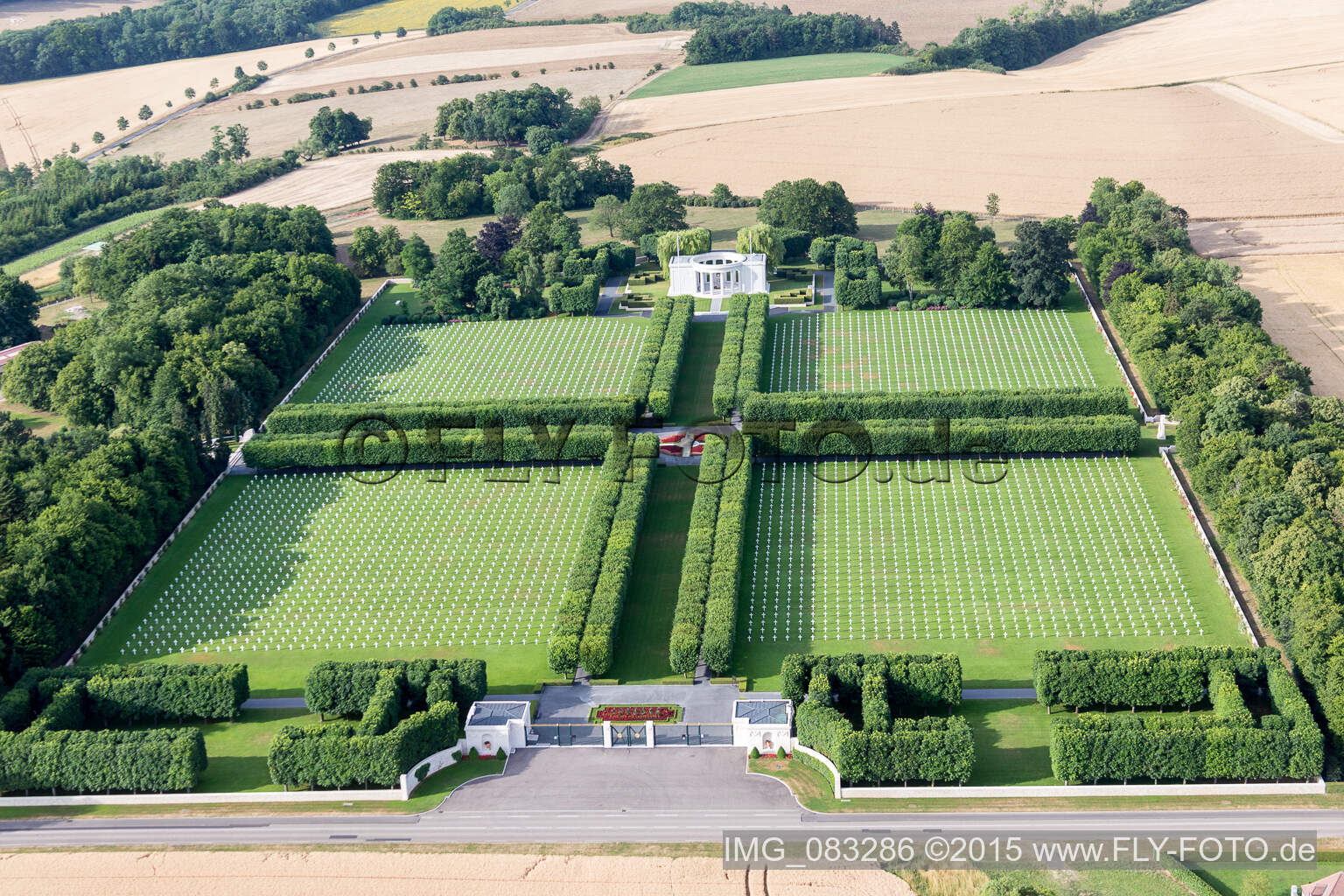 Grave rows on the grounds of the American Cemetery Saint Mihiel in Thiaucourt-Regnieville in Grand Est, France from above