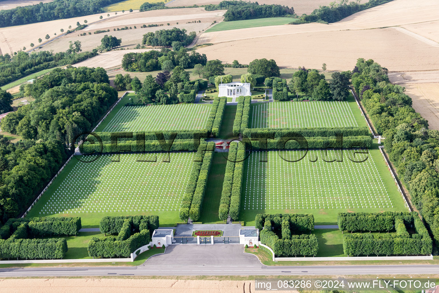 Grave rows on the grounds of the American Cemetery Saint Mihiel in Thiaucourt-Regnieville in Grand Est, France from above