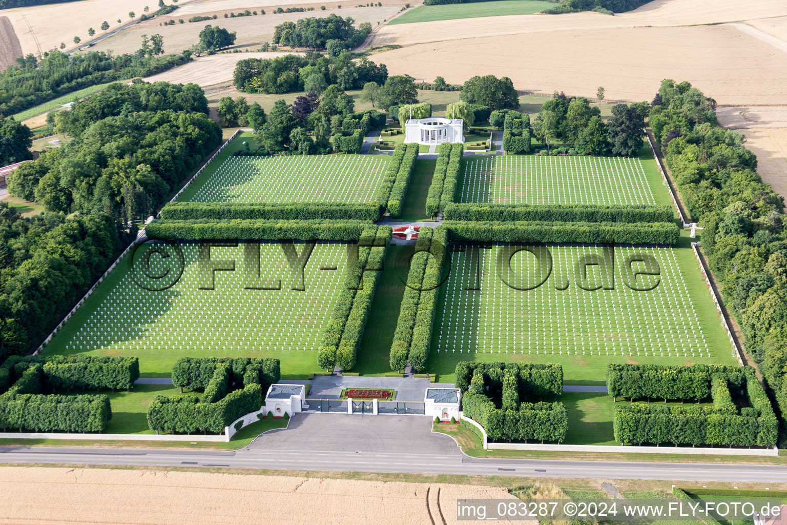 Grave rows on the grounds of the American Cemetery Saint Mihiel in Thiaucourt-Regnieville in Grand Est, France out of the air