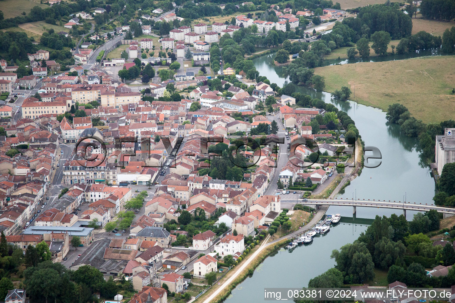Aerial photograpy of Village on the river bank areas der Meuse in Saint-Mihiel in Grand Est, France
