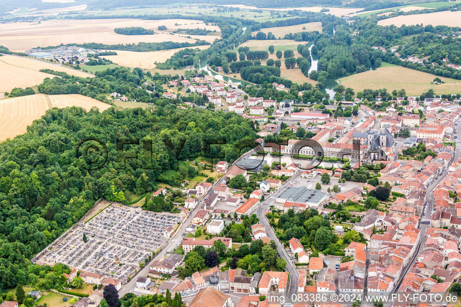 Aerial view of Town on the banks of the river of Maas/Meuse in Saint-Mihiel in Grand Est, France