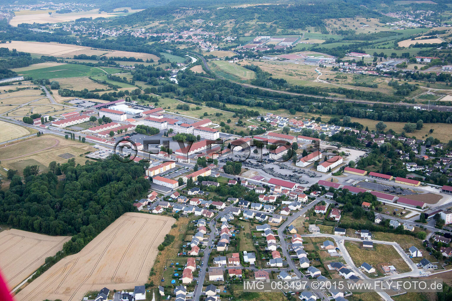 Aerial view of Building complex of the French army - military barracks of the 516th railway Regiment in Ecrouves in Grand Est, France