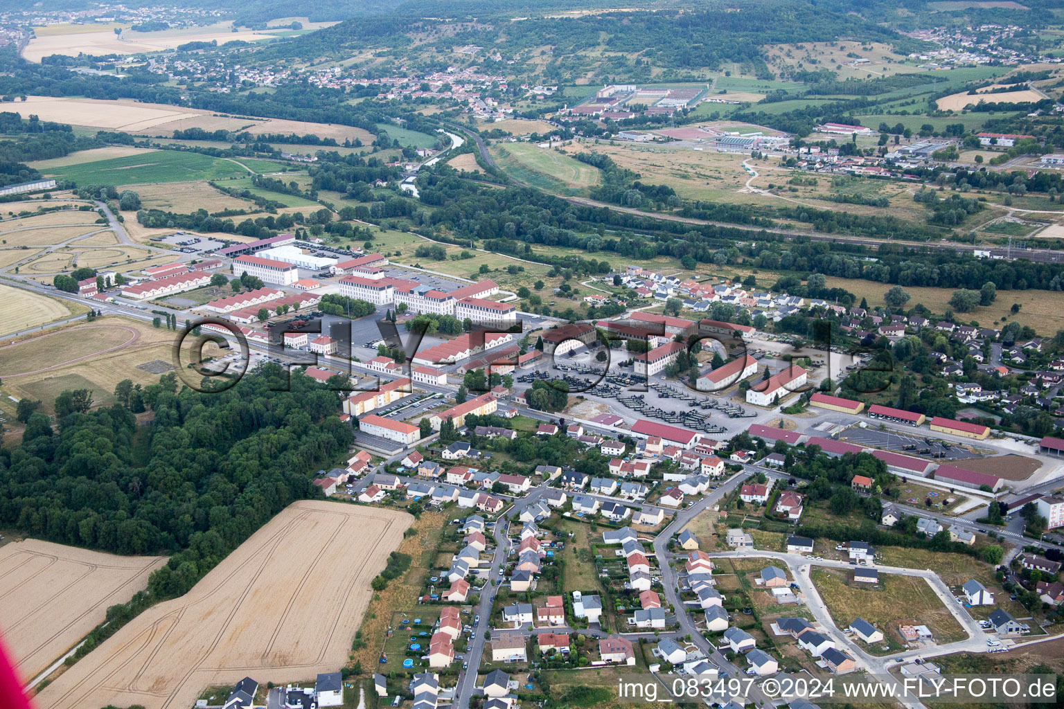 Aerial view of Building complex of the French army - military barracks of the 516th railway Regiment in Ecrouves in Grand Est, France