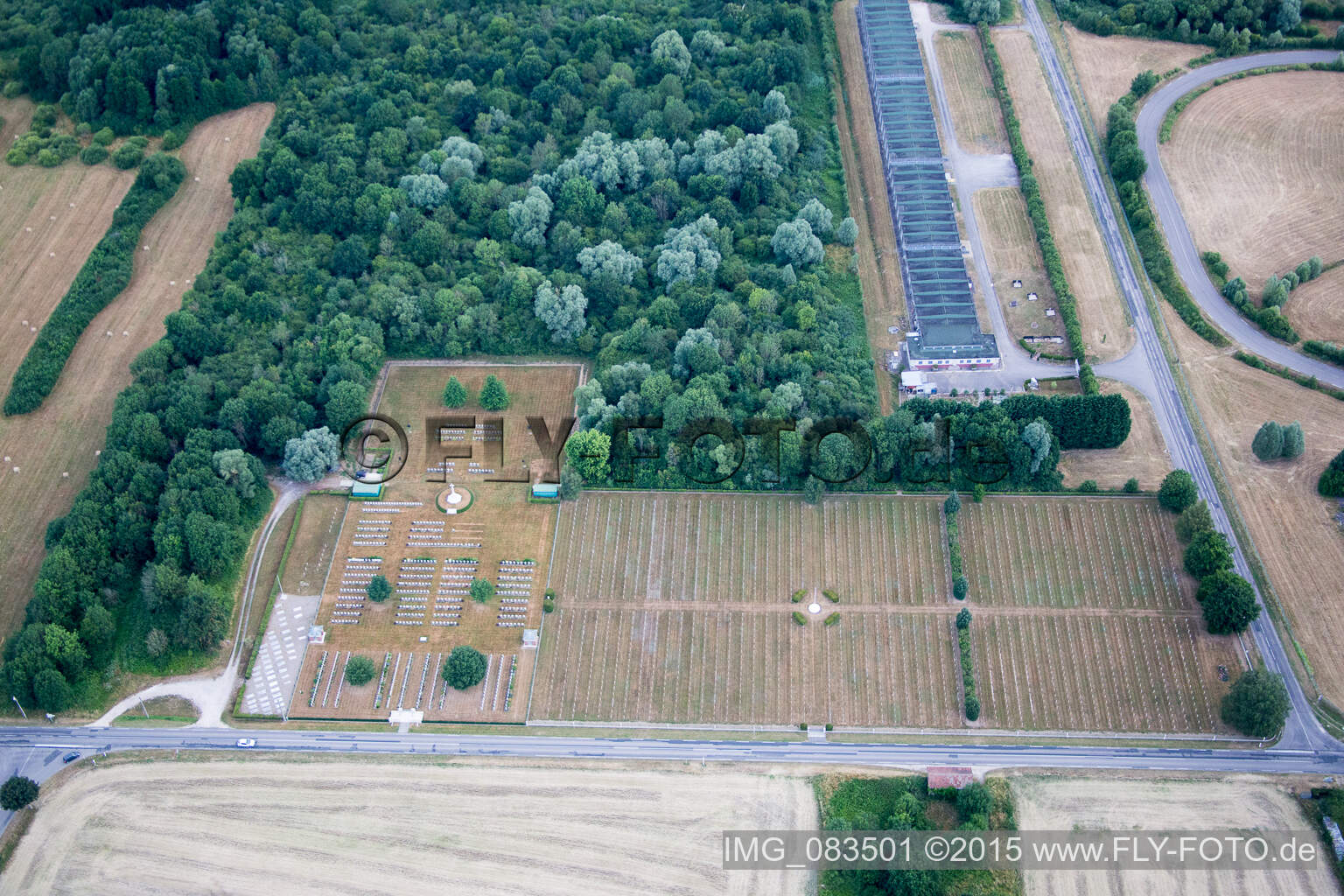 Aerial view of Grave rows on the grounds of the military cemetery of the Royal Canadian Air Force RCAF in Choloy-Menillot in Grand Est, France