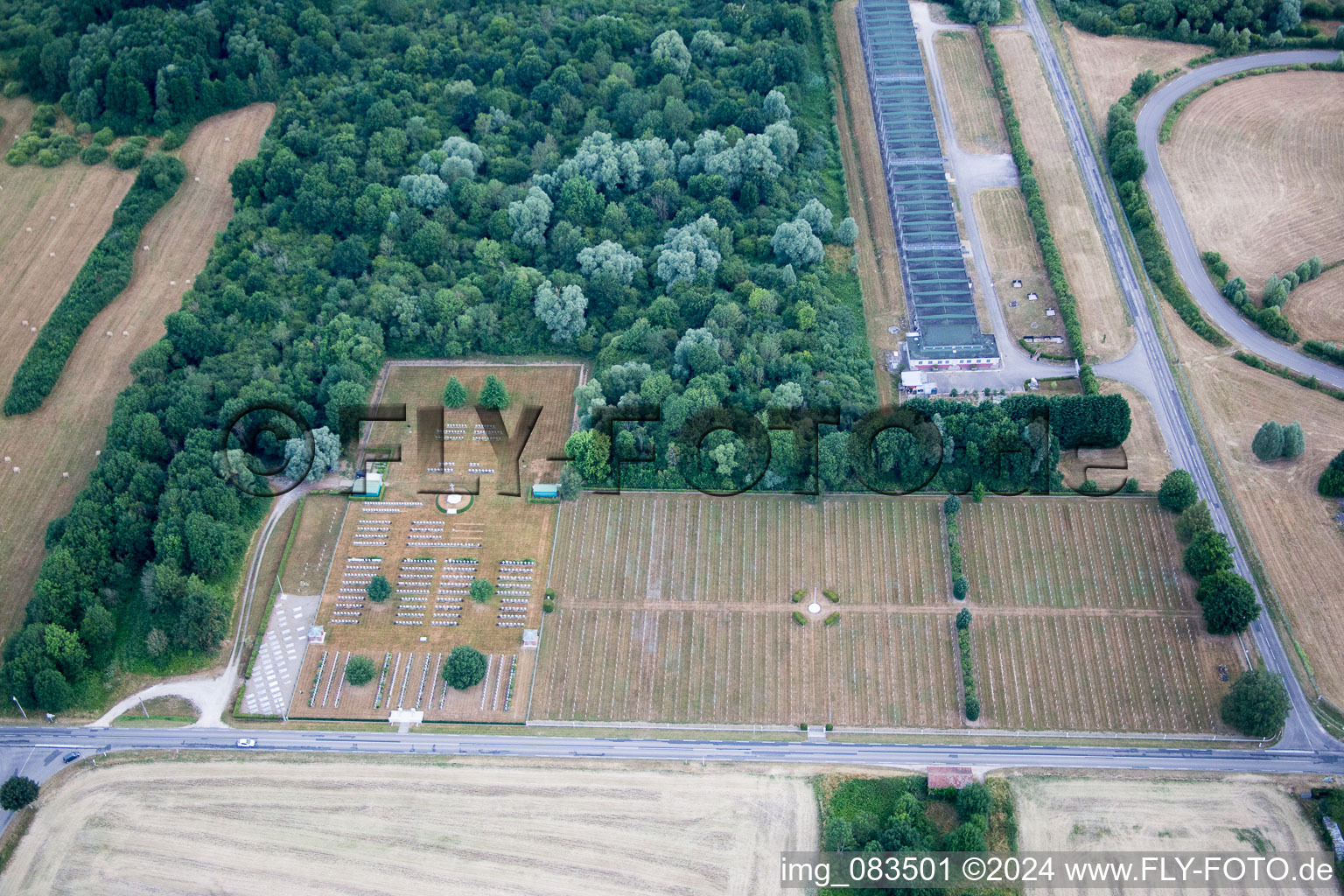 Aerial view of Grave rows on the grounds of the military cemetery of the Royal Canadian Air Force RCAF in Choloy-Menillot in Grand Est, France