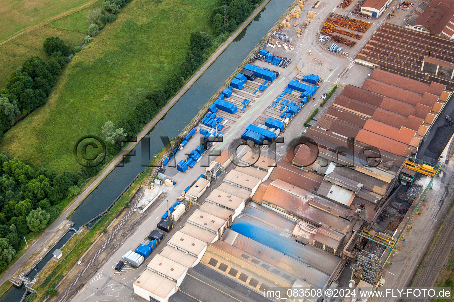 Aerial photograpy of Building and production halls on the premises of Foundery Saint Gobain PAM on Canal de la Marne au Rhin in Foug in Grand Est, France