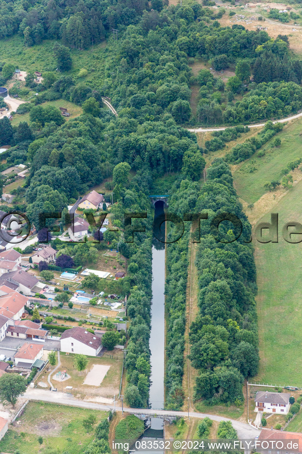 Aerial photograpy of Subterranean Channel flow and river banks of the waterway shipping Canal Rhin au Marne in Lay-Saint-Remy in Grand Est, France