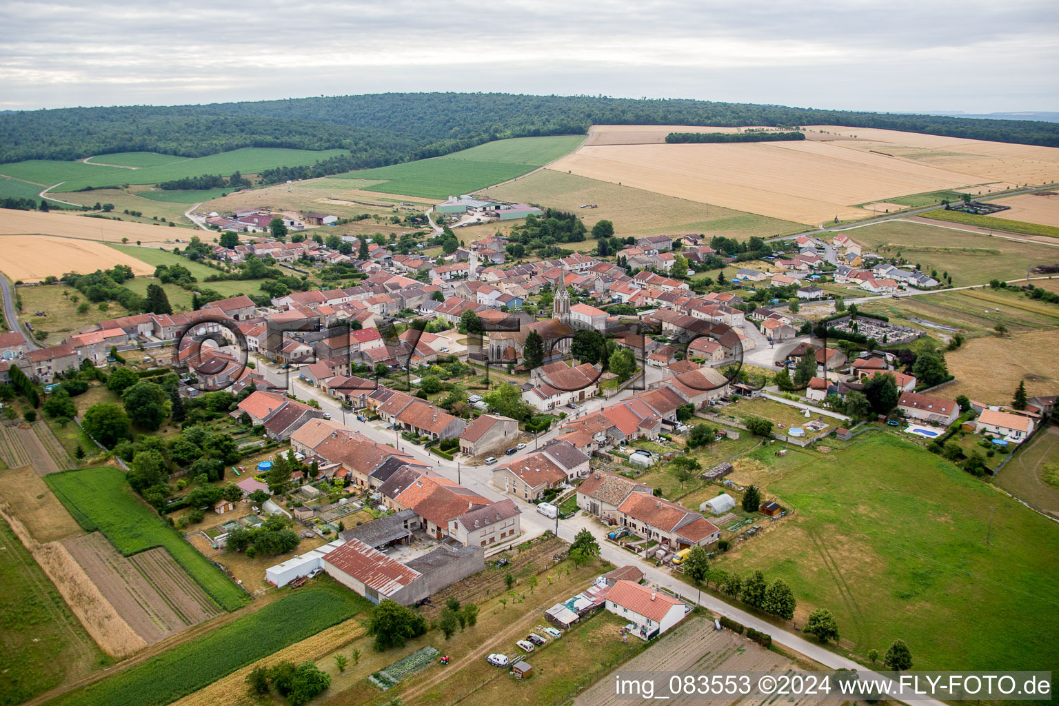 Village - view on the edge of agricultural fields and farmland in Uruffe in Grand Est, France