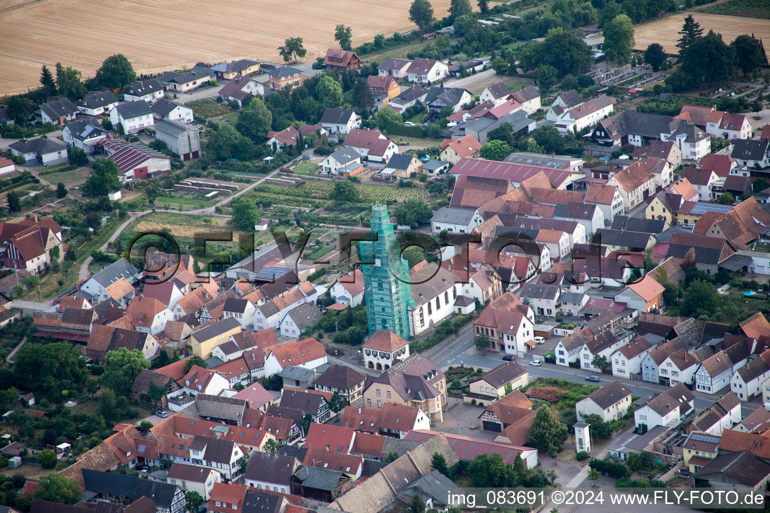 Aerial view of Catholic church scaffolded by Leidner GmbH Gerüstbau, Landau in the district Ottersheim in Ottersheim bei Landau in the state Rhineland-Palatinate, Germany