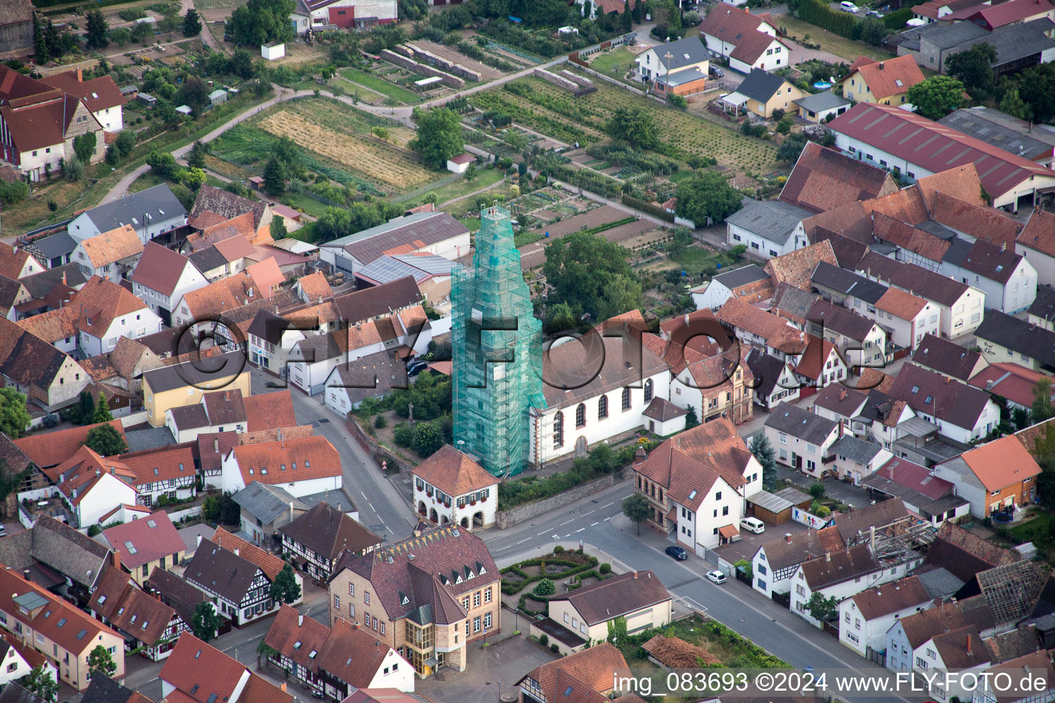 Aerial photograpy of Catholic church scaffolded by Leidner GmbH Gerüstbau, Landau in the district Ottersheim in Ottersheim bei Landau in the state Rhineland-Palatinate, Germany