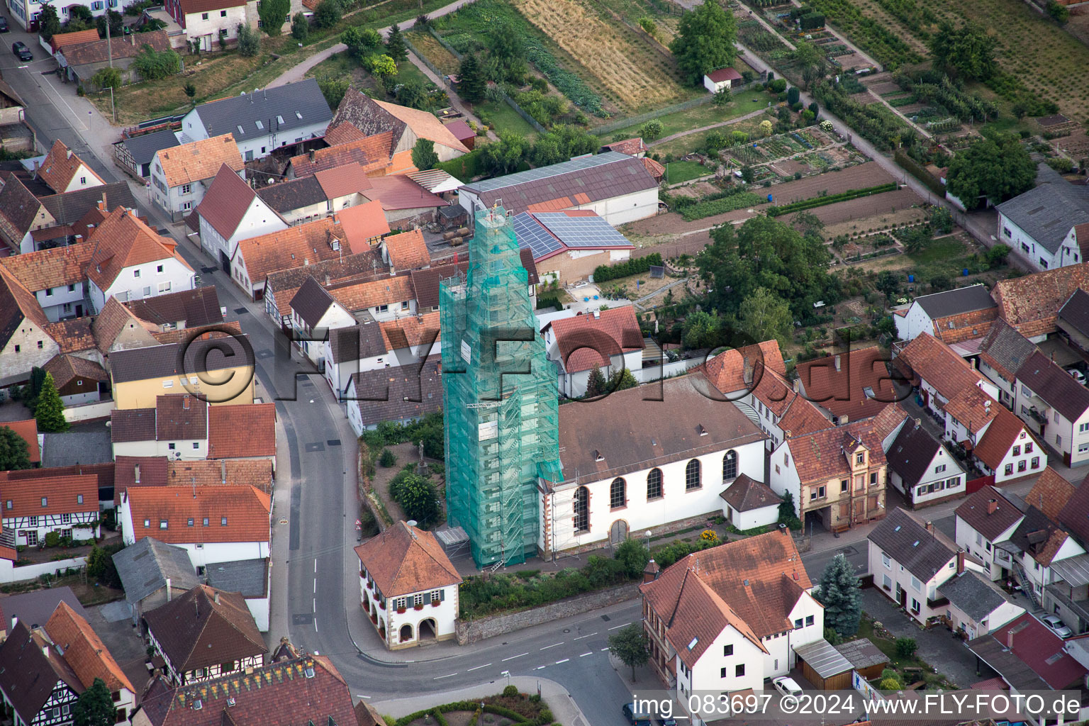 Catholic church scaffolded by Leidner GmbH Gerüstbau, Landau in the district Ottersheim in Ottersheim bei Landau in the state Rhineland-Palatinate, Germany out of the air