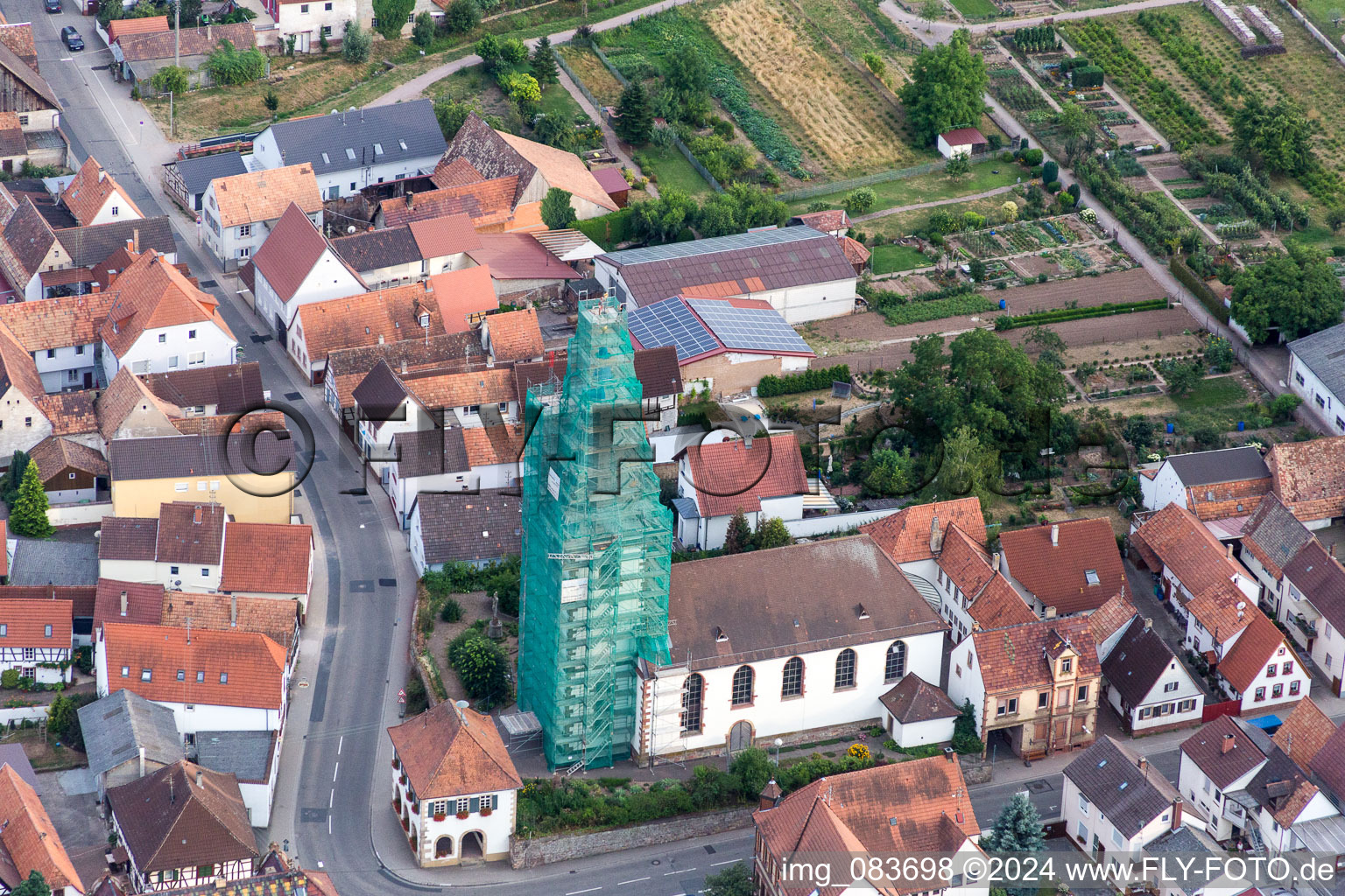 Church tower and tower roof of der catholic church in Ottersheim bei Landau in the state Rhineland-Palatinate, Germany